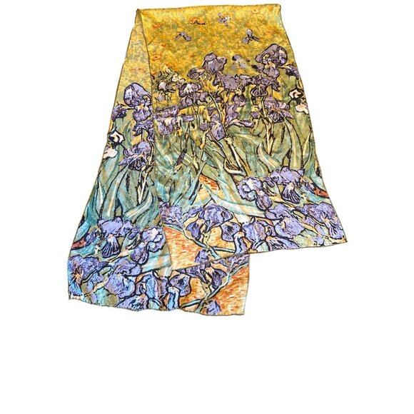 Van Gogh Inspired Silk Scarf With Irises Pattern Rolled Hem - Picture 1 of 3